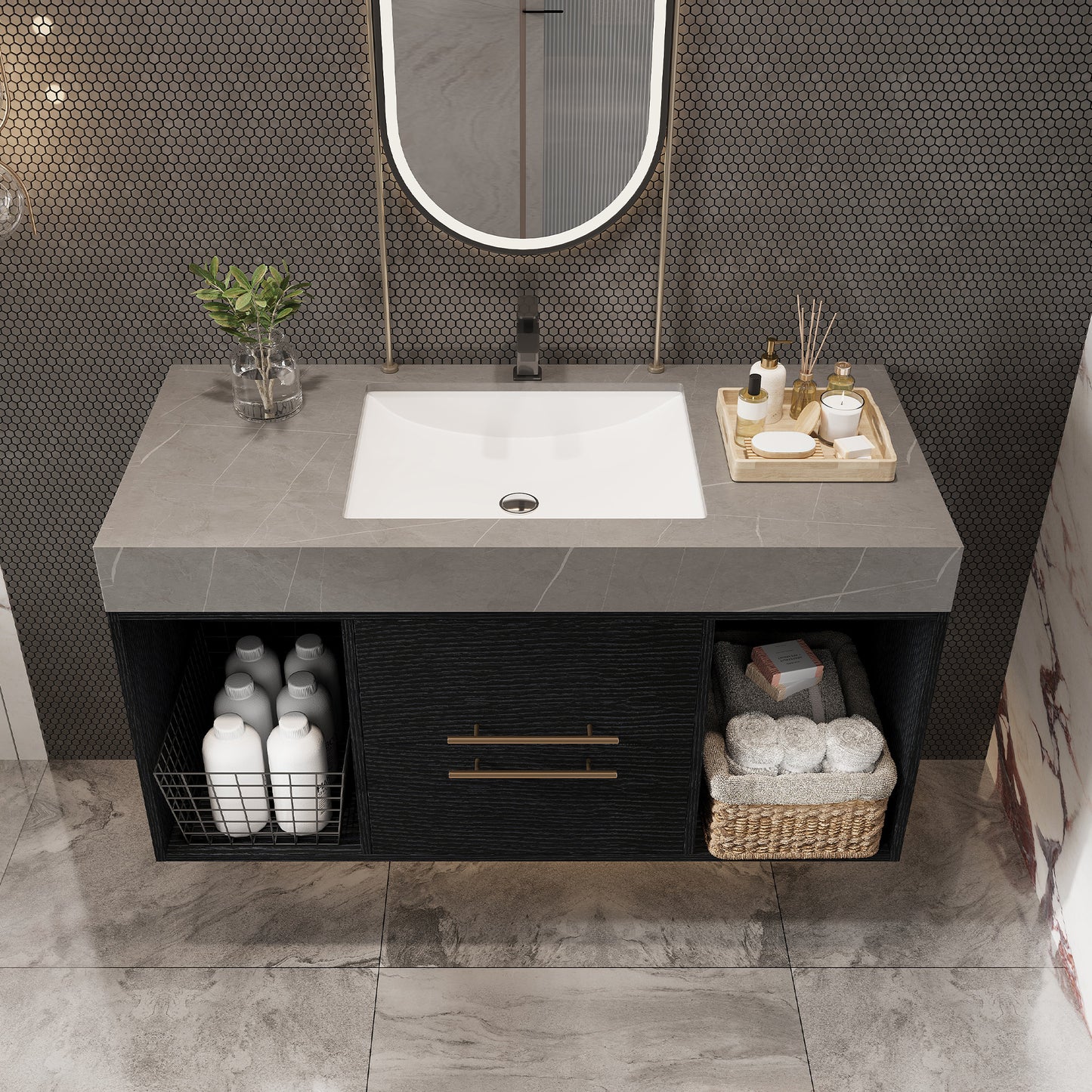 39.4-Inch Contemporary Floating Bathroom Vanity with Faux Marble Top and Ceramic Sink