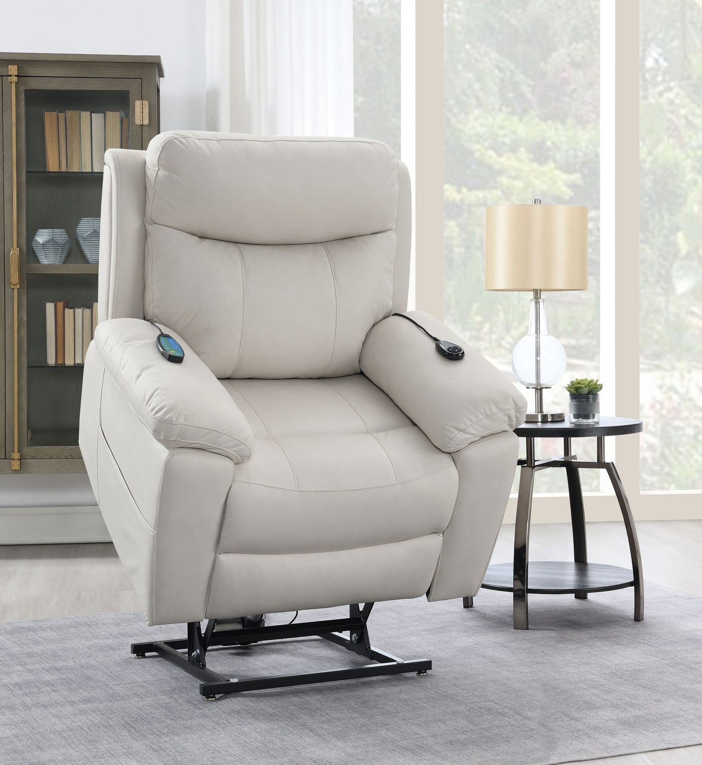 Beige Microfiber Power Motion Recliner with Lift, Heating & Massage