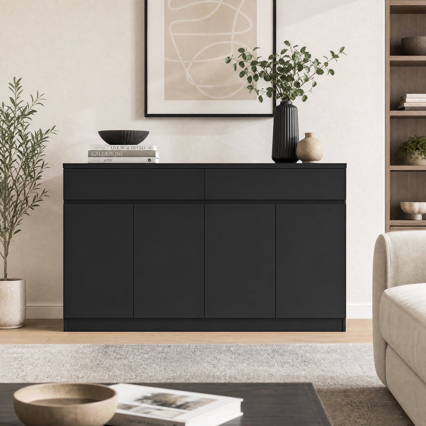 Large Black Sideboard Buffet Cabinet with Storage & 2 Drawers