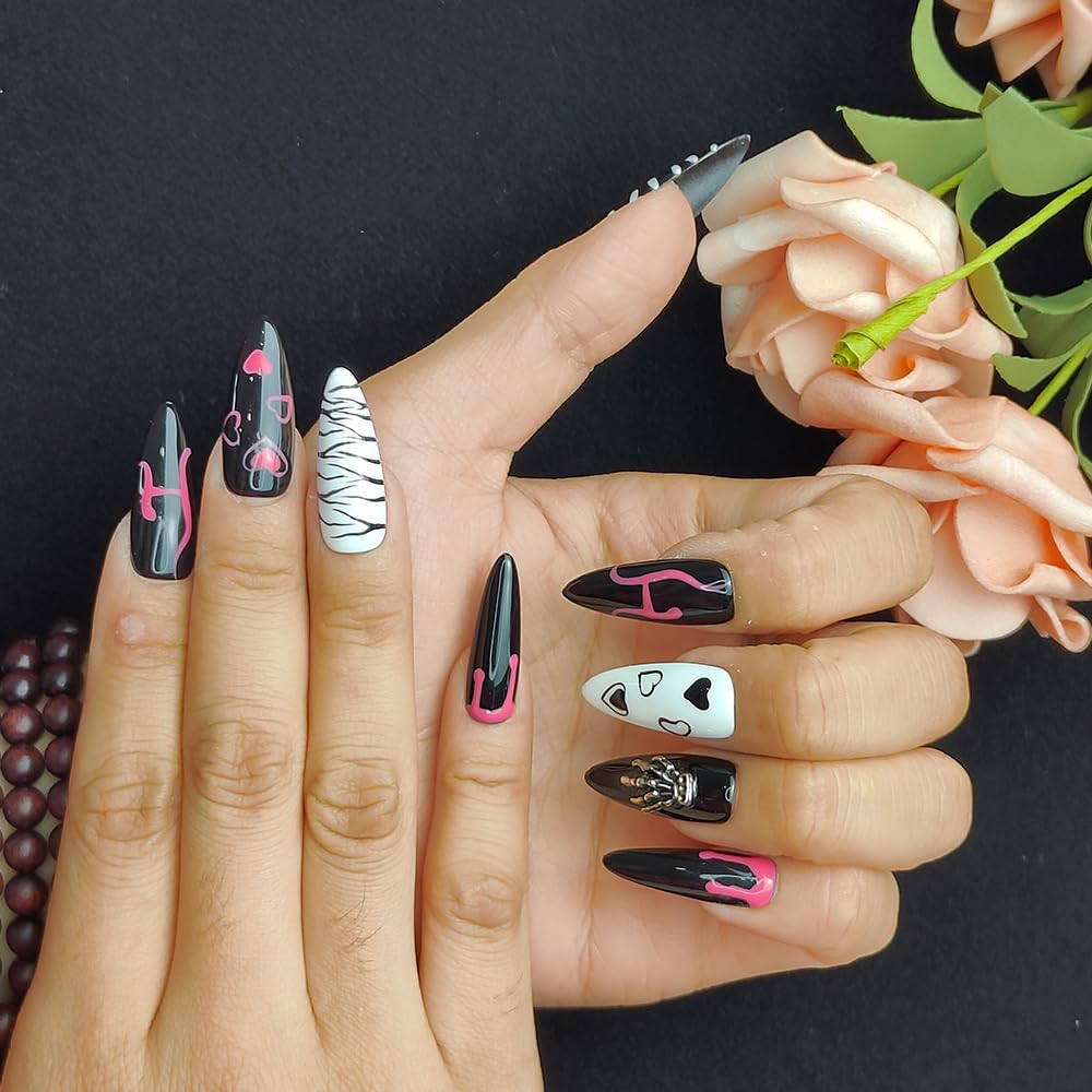 Medium Almond Press On Nails - Handmade Acrylic Eclipse Sketch Design
