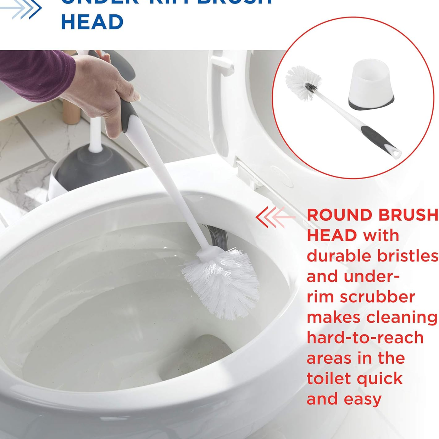 Corner Toilet Bowl Brush Set with Under Rim Scrubber and Storage Caddy - White Bathroom Cleaning Tool