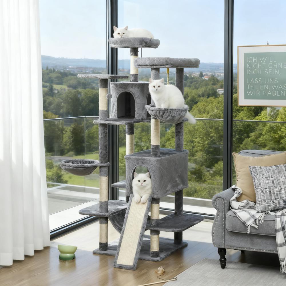 Multi-Level Cat Tree - Dark Gray 69" Cat Tower with Condos & Hammocks