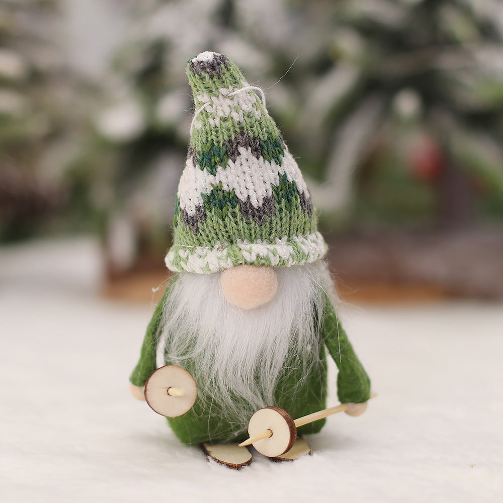 Christmas Doll Pendant Set - Knitted Ski Faceless Wooden Doll Decorations