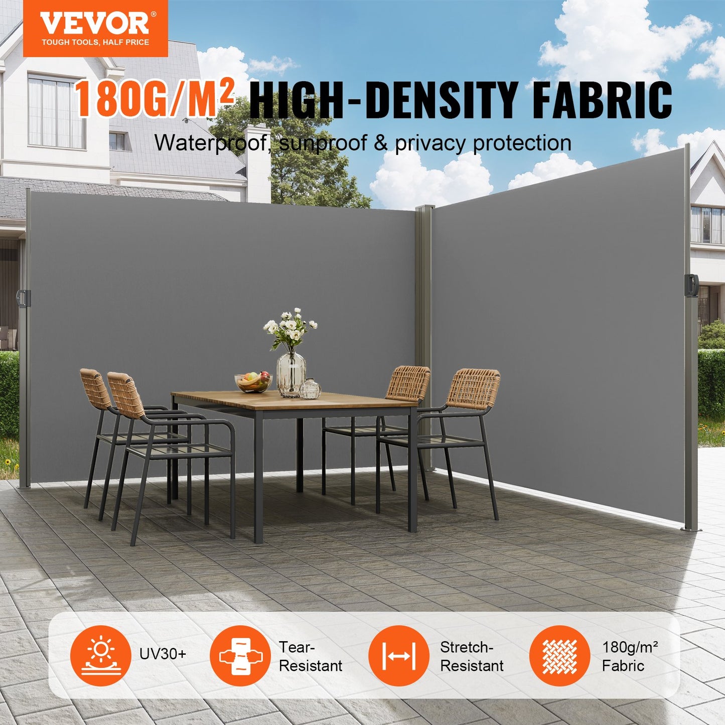Retractable Outdoor Privacy Screen 79x236 Inches Water-Resistant Polyester Gray
