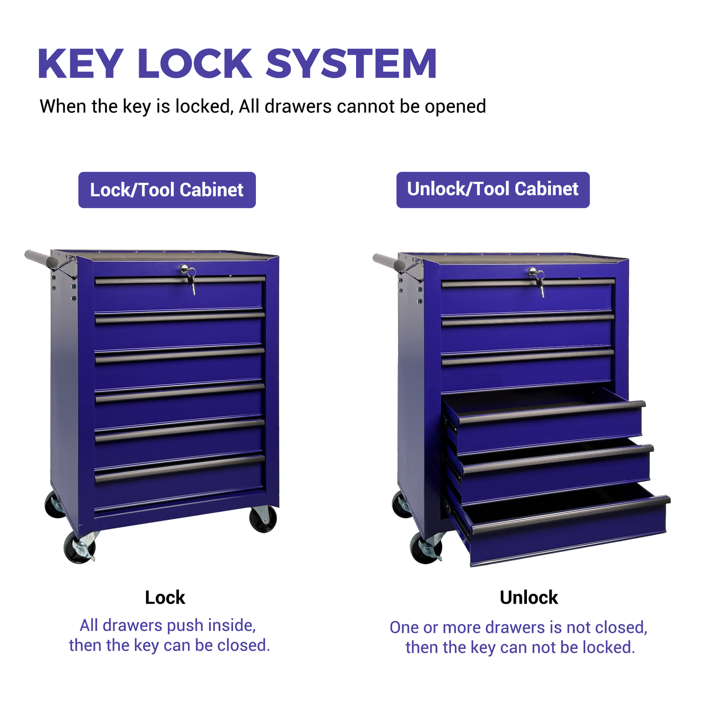 Rolling Metal Tool Chest with 6 Drawers - 20" Steel Storage - Purple