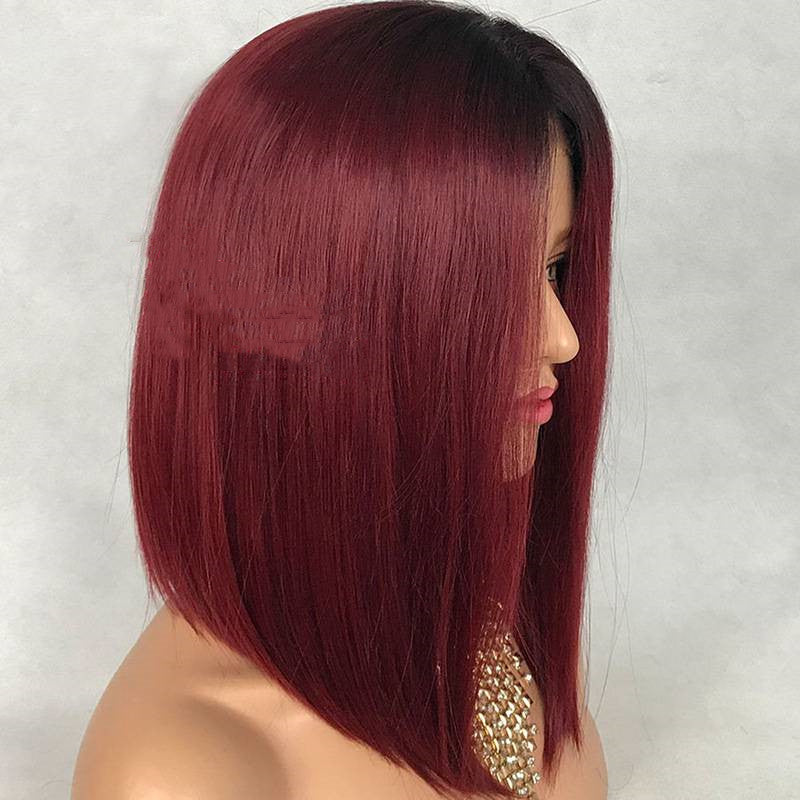 Red Water Wave Peruvian Human Hair Lace Front Wig 16 Inch Short Style