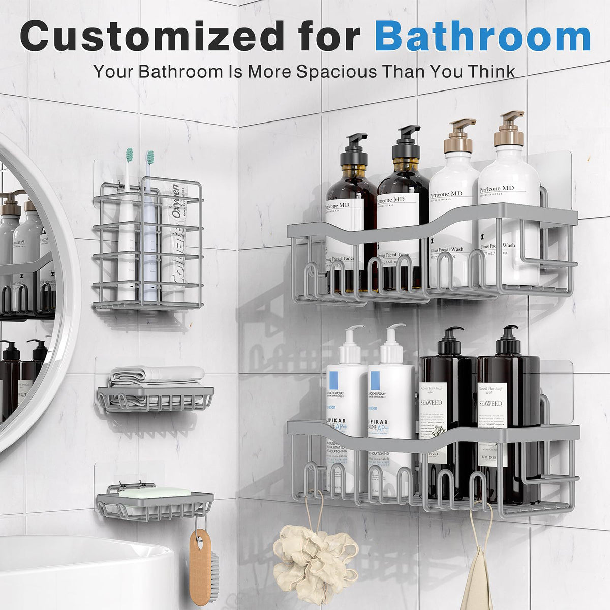 Wall-Mounted Bathroom Storage Rack 5-Tier Punch-Free Organizer
