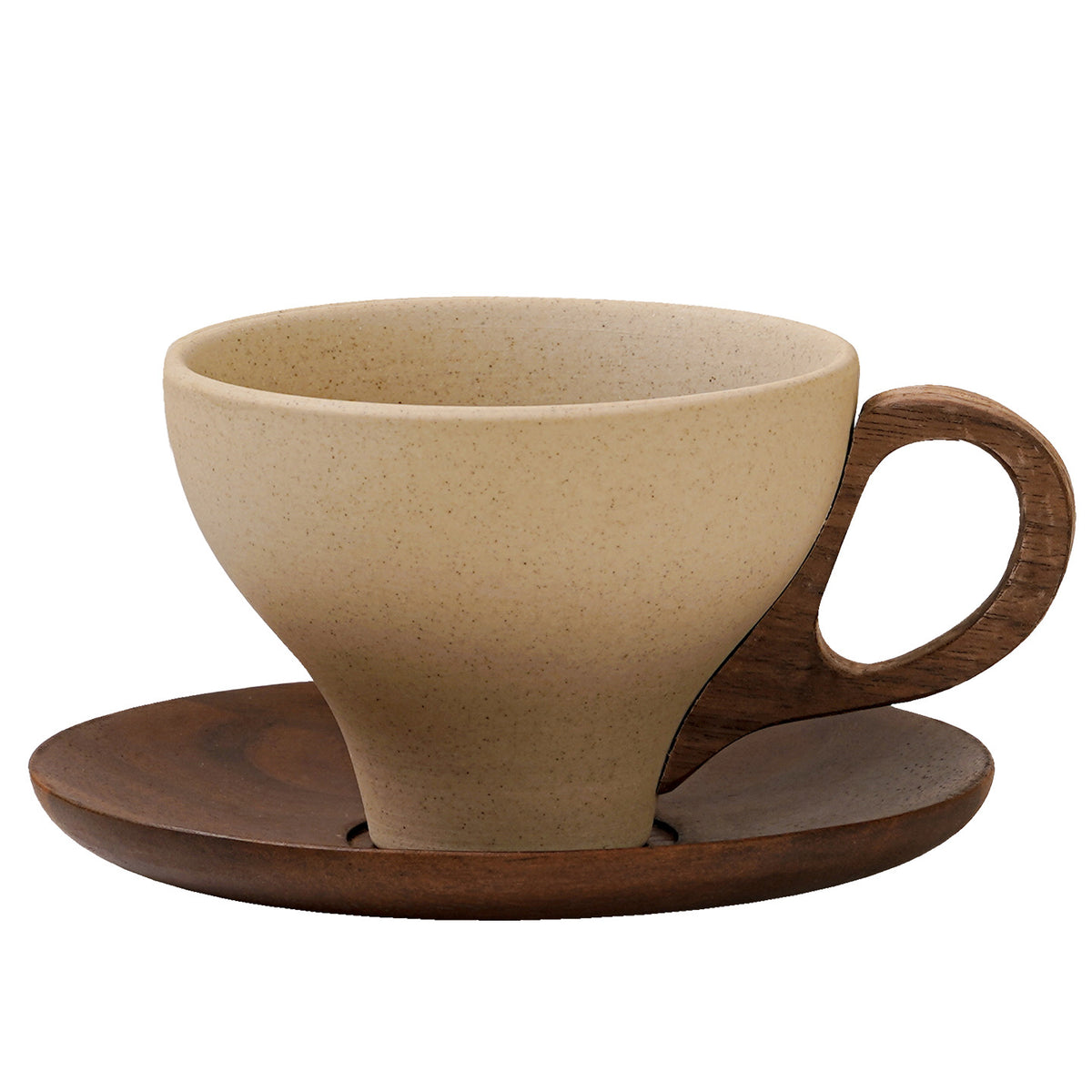 Minimalist Ceramic Coffee Cup with Wooden Handle and Coaster - 200ml