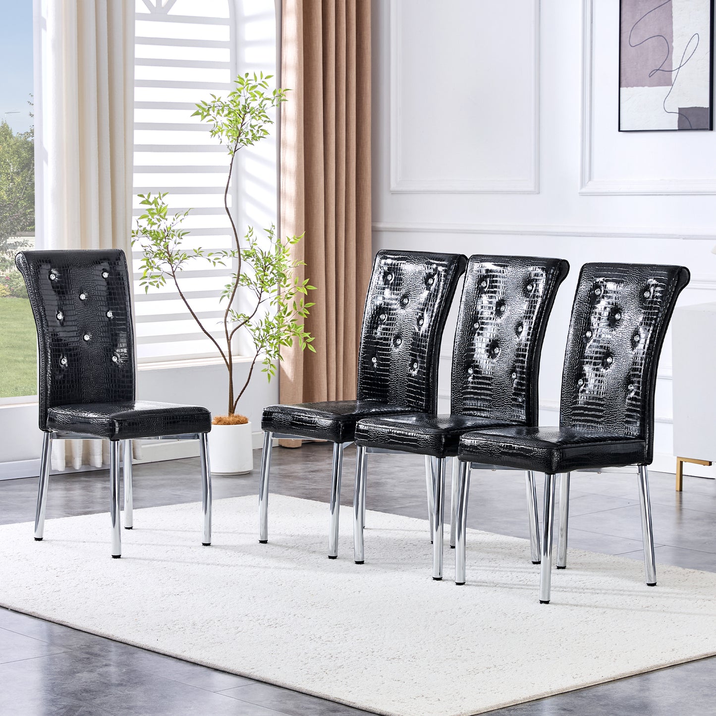 Set of 4 Retro Alligator Skin Dining Chairs with Crystal Buckle - Black
