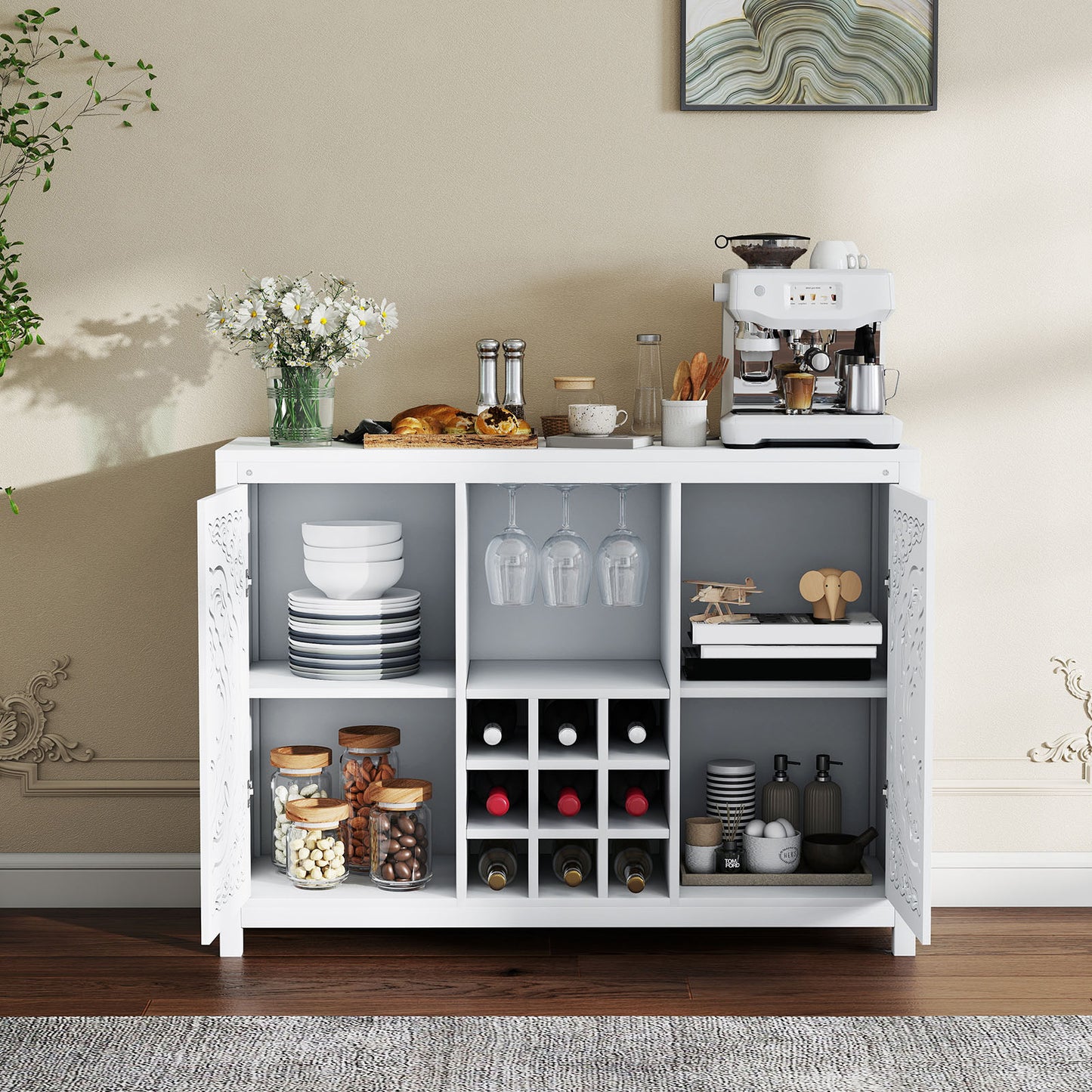 Wine Bar Cabinet With 2 Doors Buffet Storage Liquor Rack And Glass