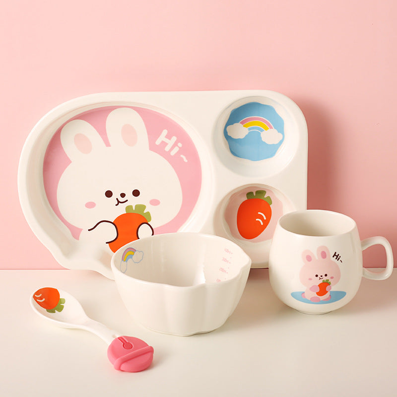 Children's Dinnerware Set with Cartoon Rabbit Design - Plates, Bowls, Cups & Utensils, Multiple Pieces