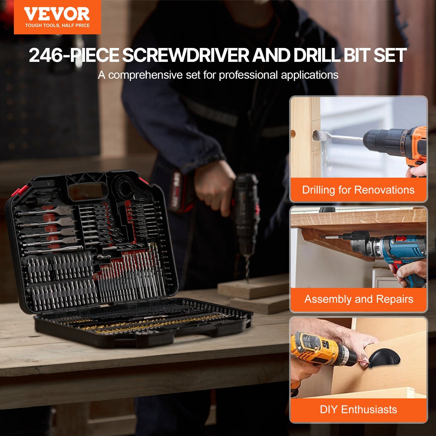 Power Drill Bit Set 246PCS with Carrying Case, Multi-Purpose Screwdriver & Nut Drivers