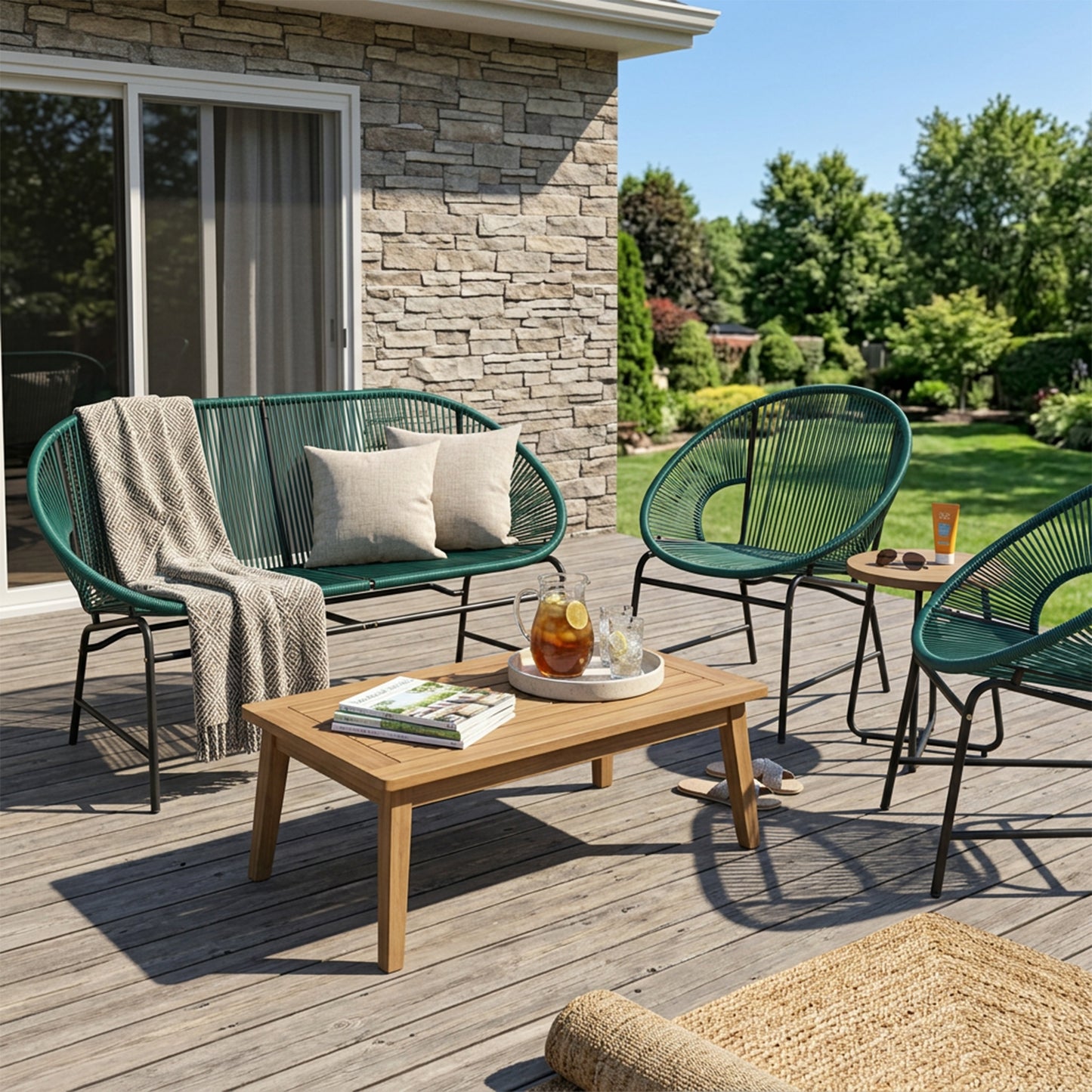 NUSA OUTDOOR PATIO WICKER 3-PCS CHAT SET, TEAL PE RATTAN & IRON FRAME