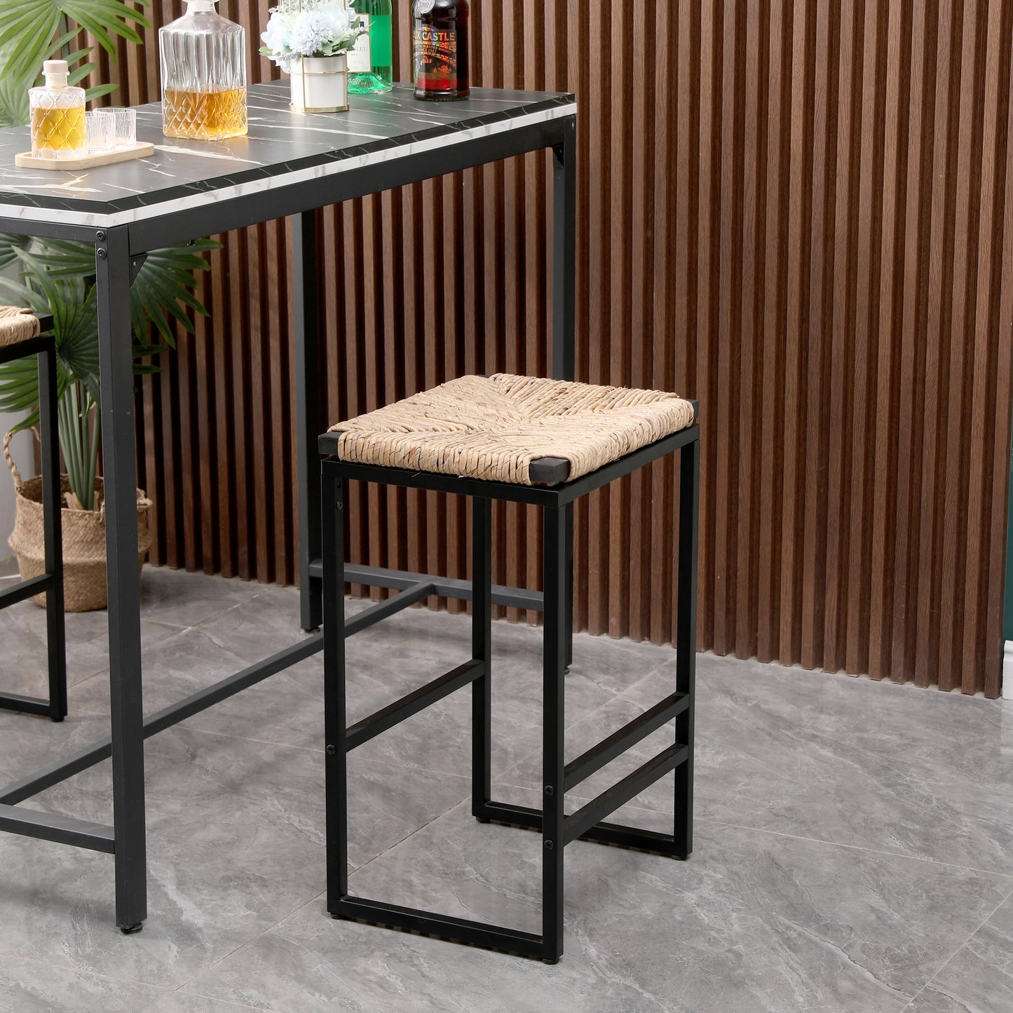 Set of 2 Natural Water Hyacinth Backless Bar Stools with Footrest