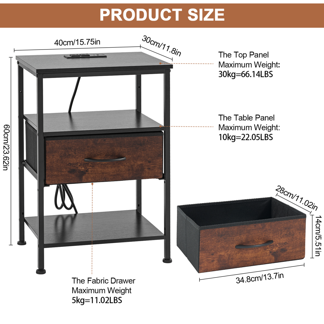 Bedside Table with USB-C Port and Adjustable Drawers - Black Brown