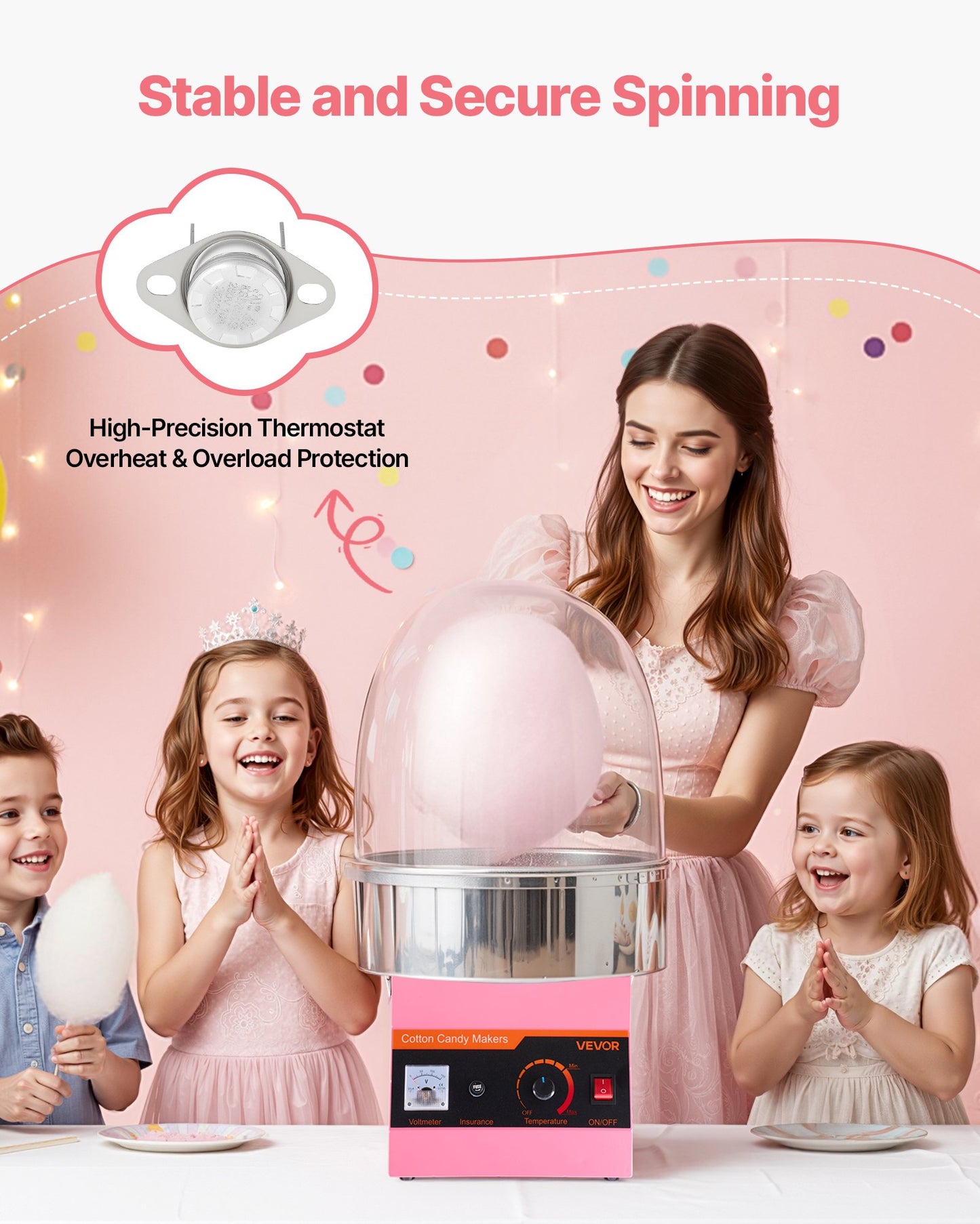 Electric Cotton Candy Machine 1000W Commercial Floss Maker with Cover & Stainless Steel Bowl