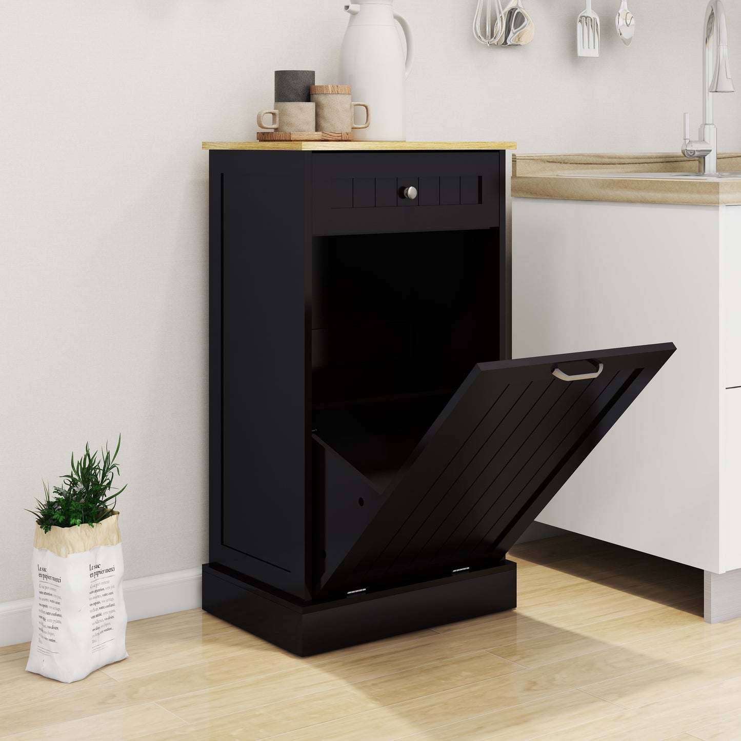 Tilt-Out Trash Cabinet with Drawer - Black MDF Kitchen Storage