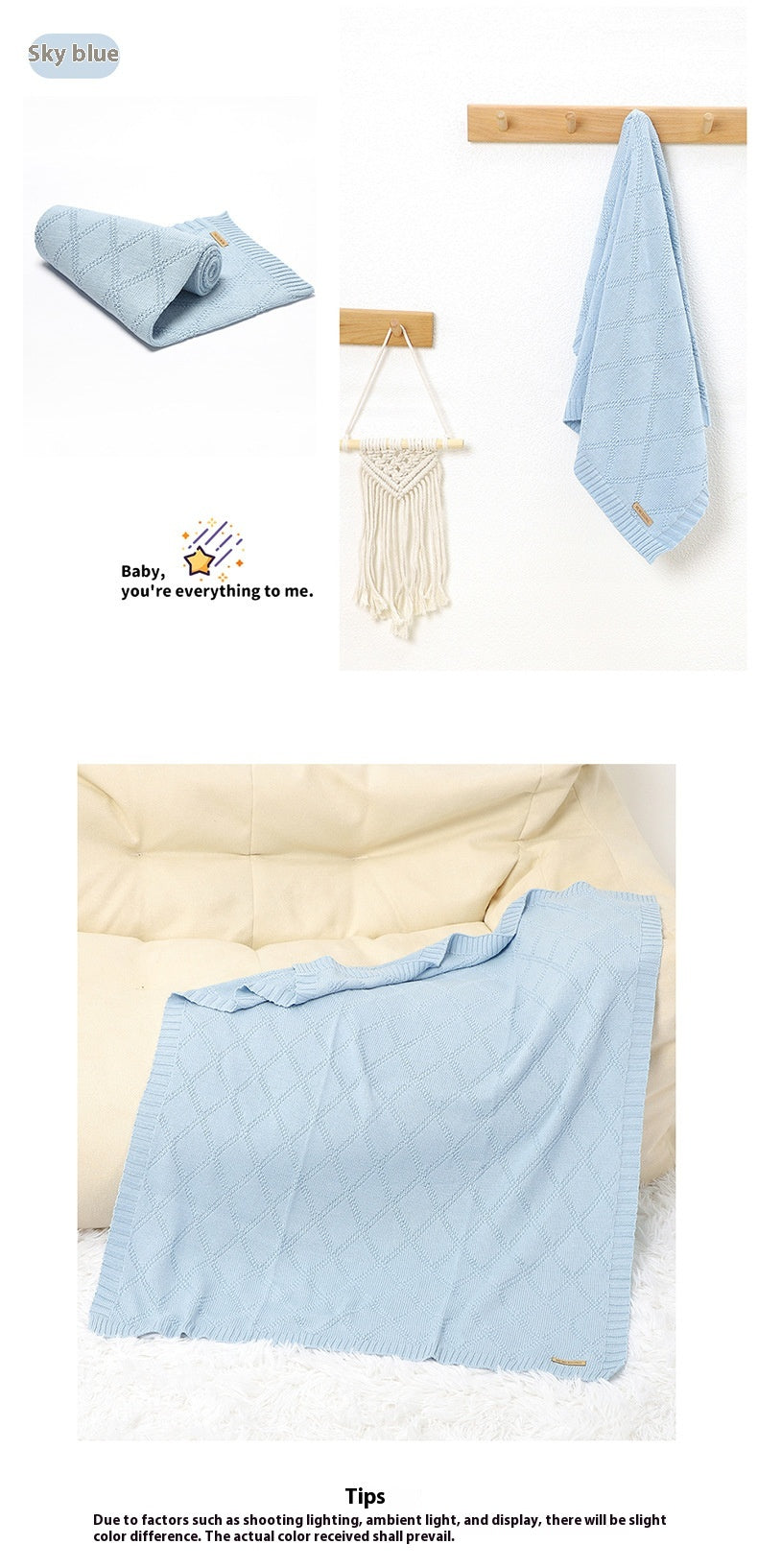 Baby Knitted Blanket 70x90cm Cotton Solid Color Bedding for Toddler
