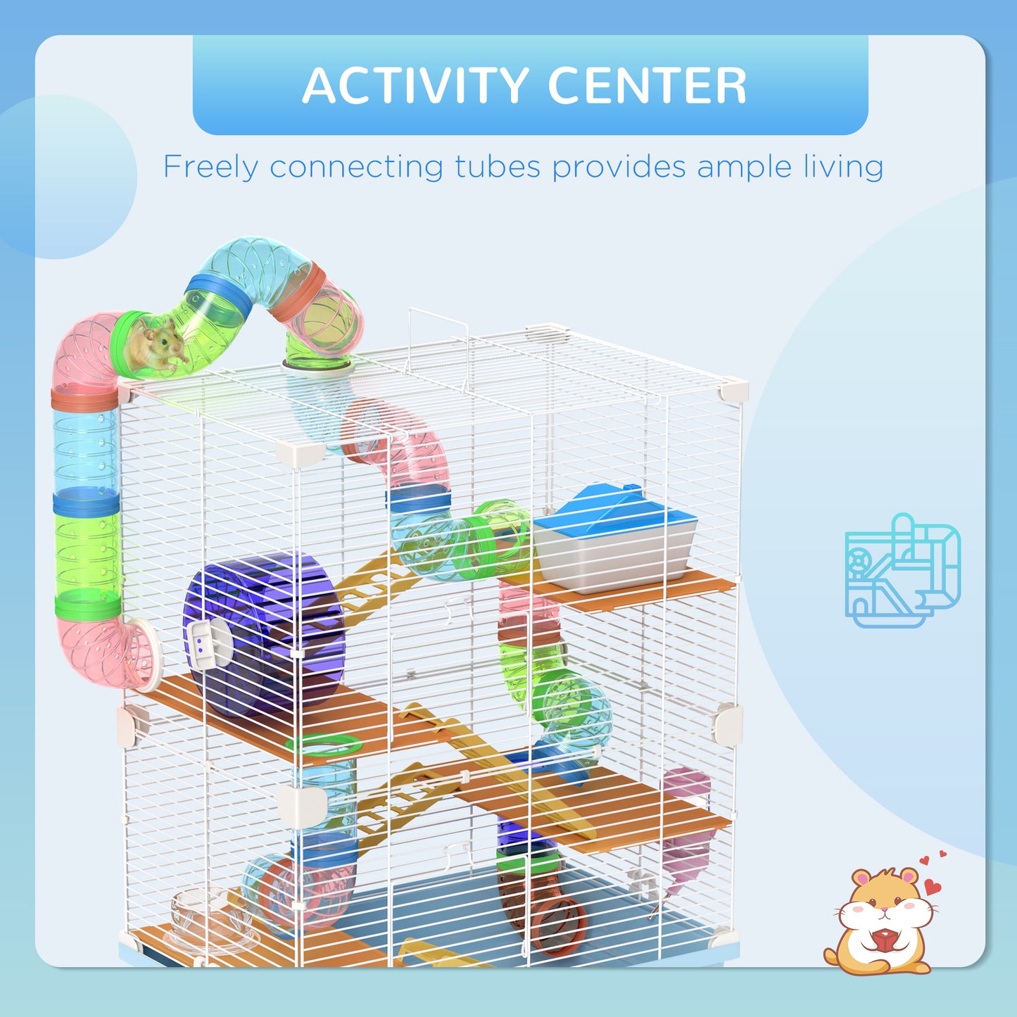 Portable Hamster Cage with 5 Tiers, Exercise Wheel & Tubes - Light Blue