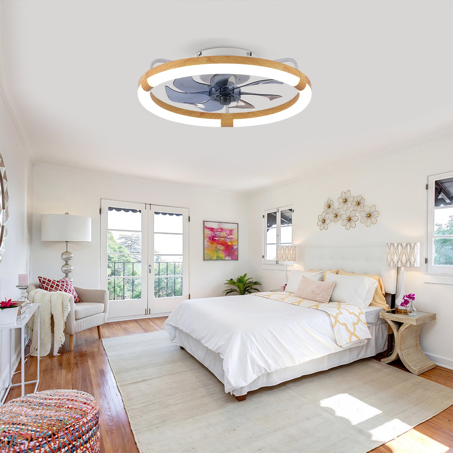 20" Modern Flush Mount Ceiling Fan with LED Light & Remote Control - Matte White Wood