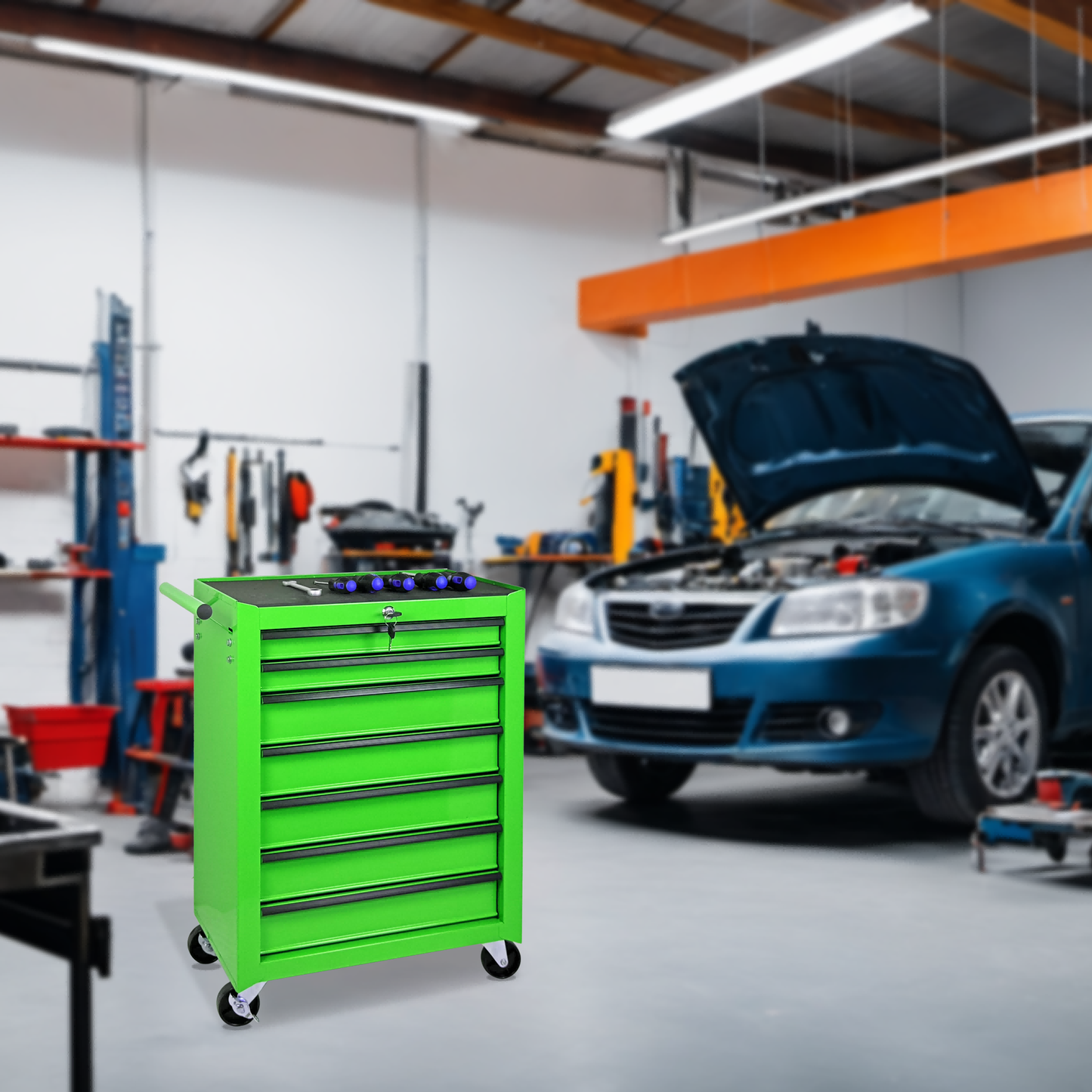 7-Drawer Metal Tool Storage Cabinet with Lockable Wheels - Green