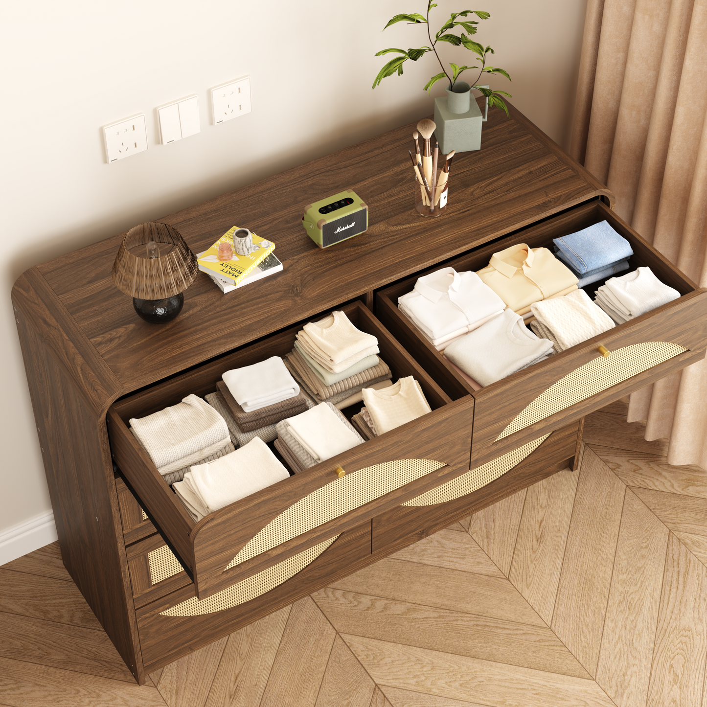 Walnut 8-Drawer Dresser with Rattan Front - Modern Storage Cabinet
