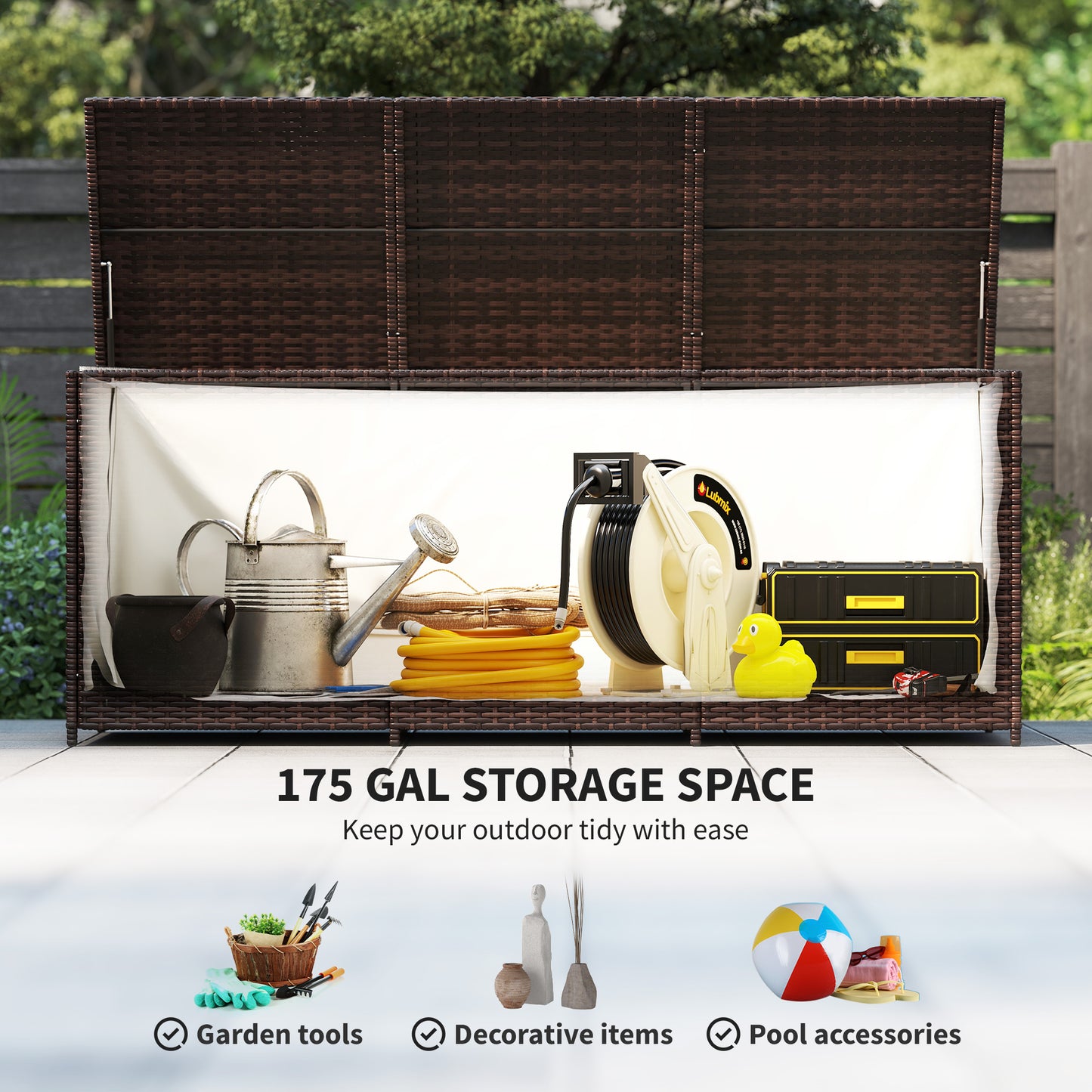175 Gallon Outdoor Storage Box with PE Rattan and Pneumatic Lift