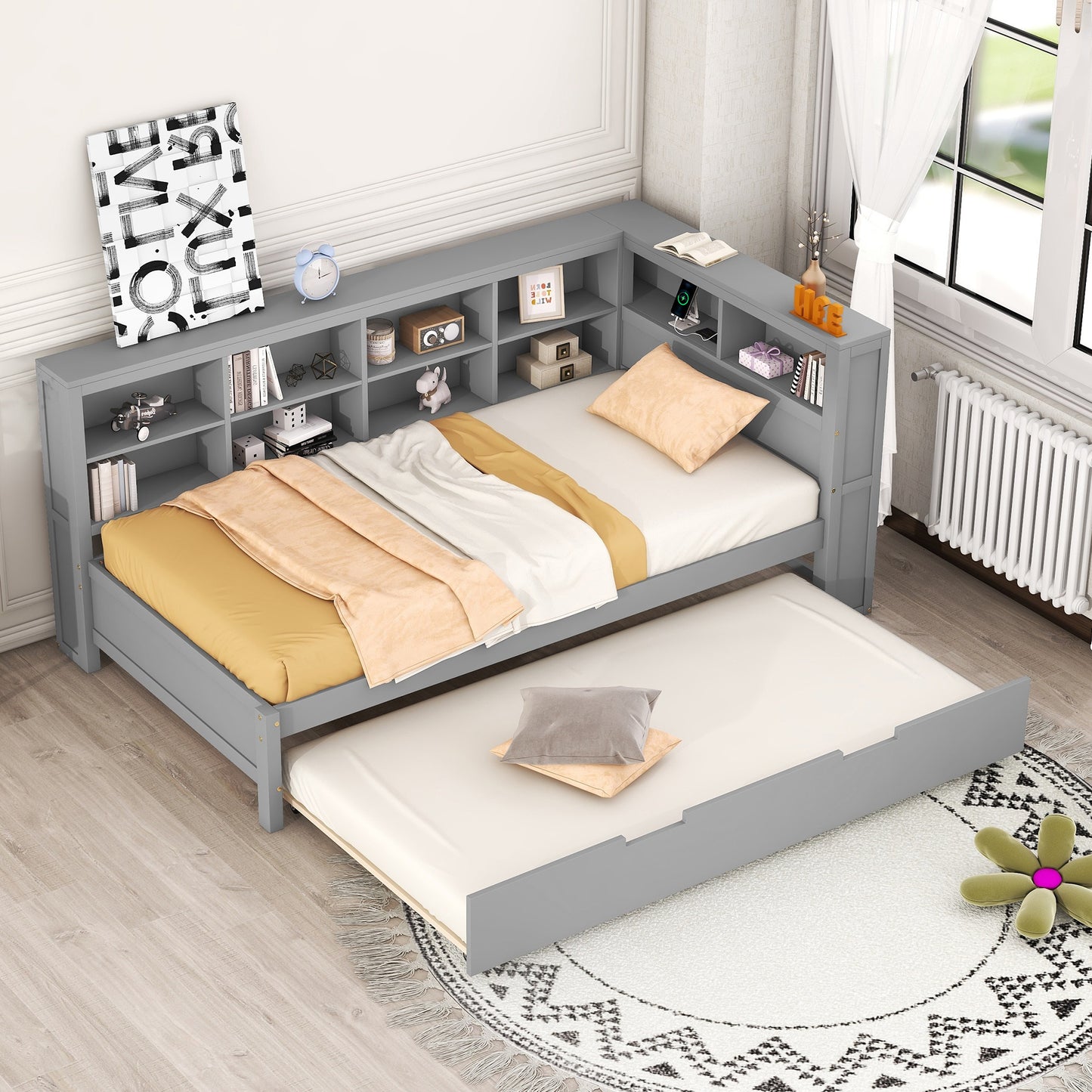 Wooden Twin Size DayBed With Trundle, Storage Shelf And USB Charging