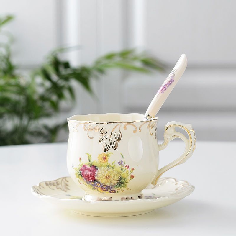 Creative Ceramic Coffee Cup and Saucer Set - Hand Painted Rose Design
