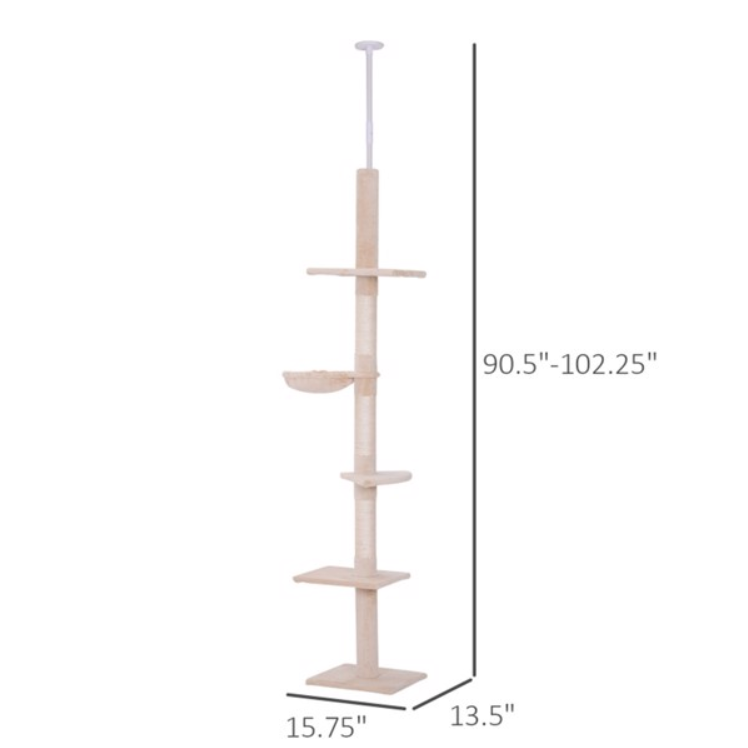 Wooden Cat Tree Tower with Multiple Platforms Adjustable Height Beige