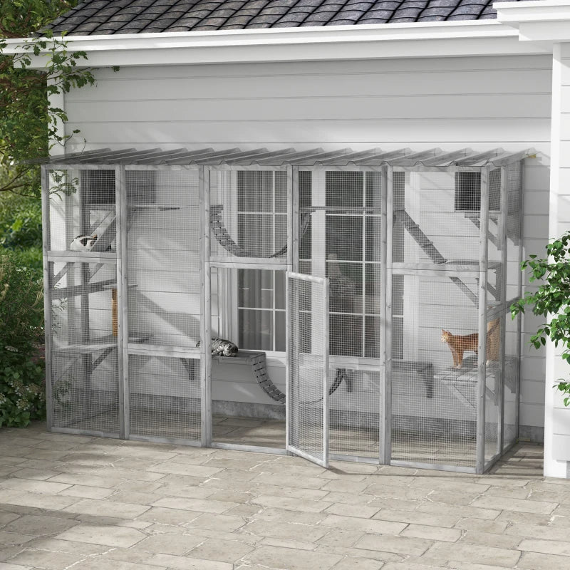 Outdoor Cat Window Box Enclosure with Shelves & Bridges - Gray
