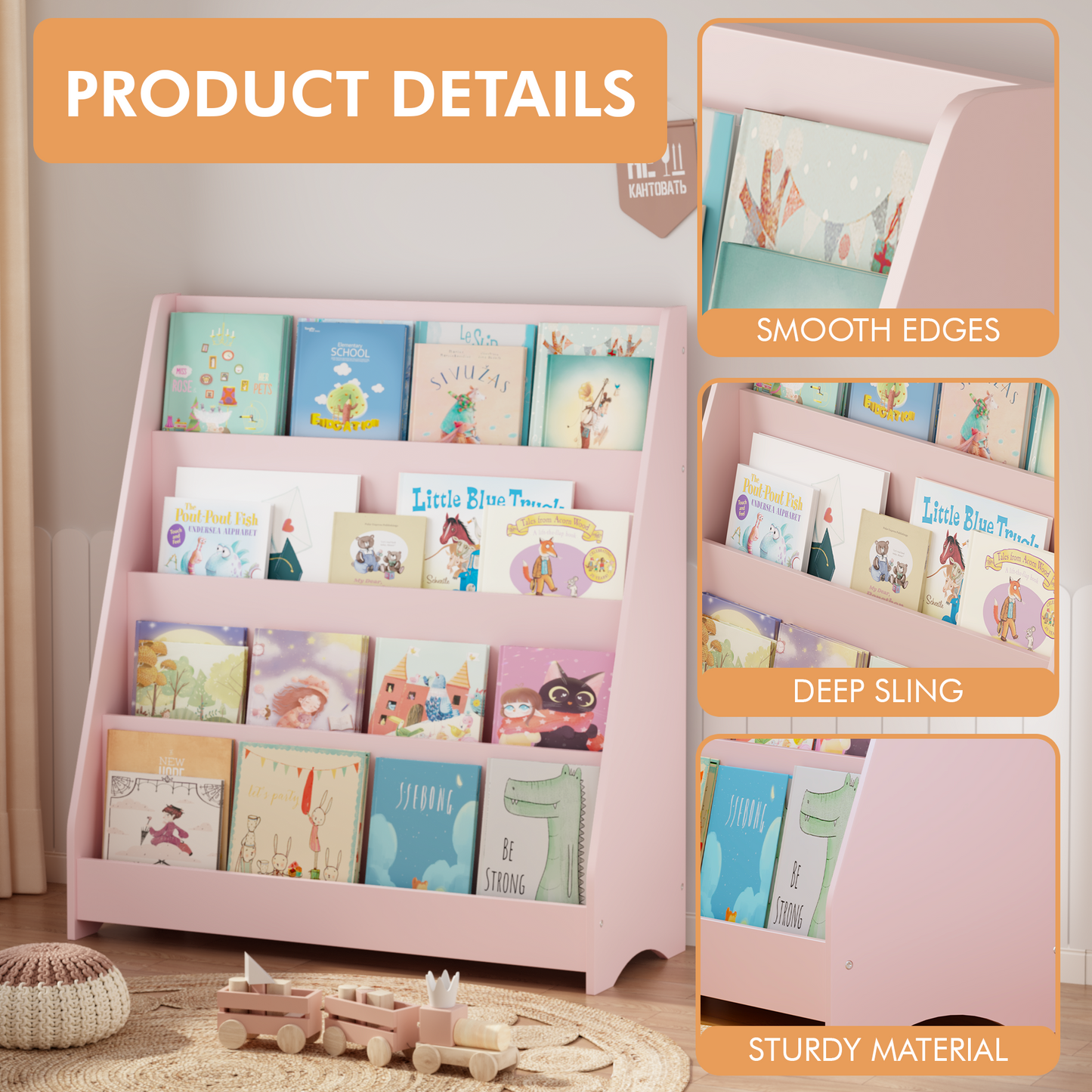 4-Tier Kids Bookshelf - Pink MDF Book Display Shelf