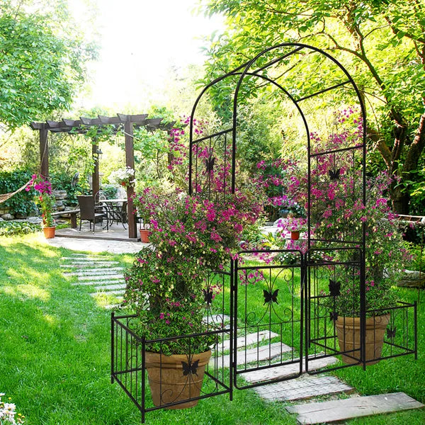 Metal Garden Arch with Gate for Climbing Plants - 79.5" x 86.6"