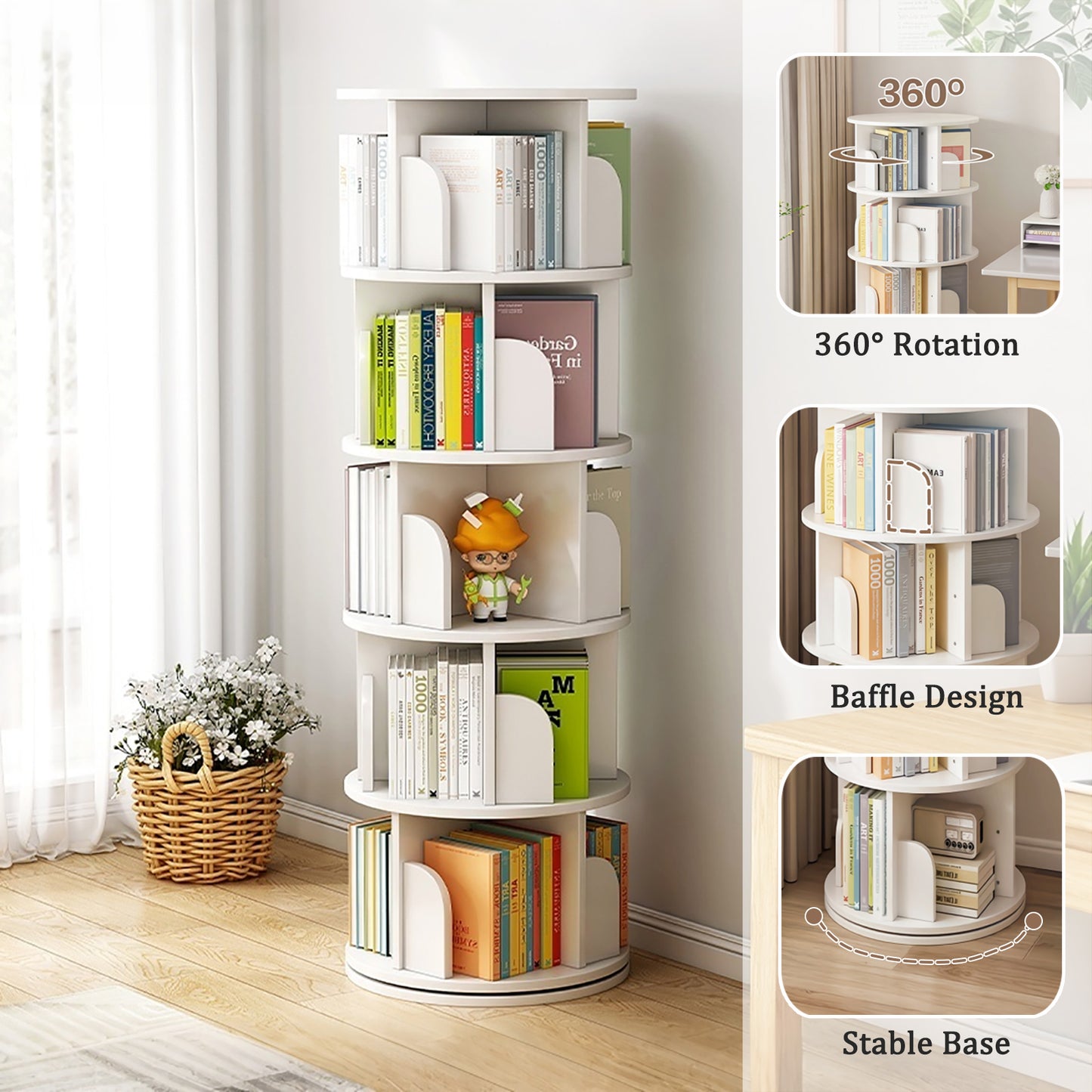 5 Tier Rotating Bookshelf, Display Round Spinning Space-Saving, Small