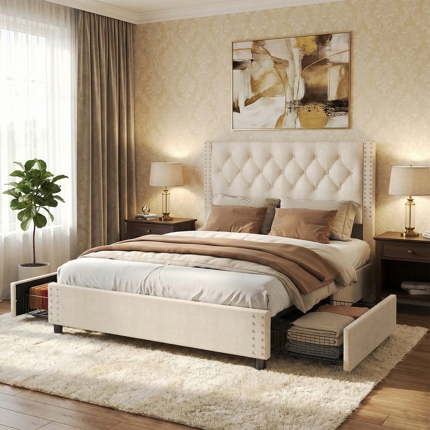 Queen Size Bed Frame With Headboard Wood Slat Support Platform