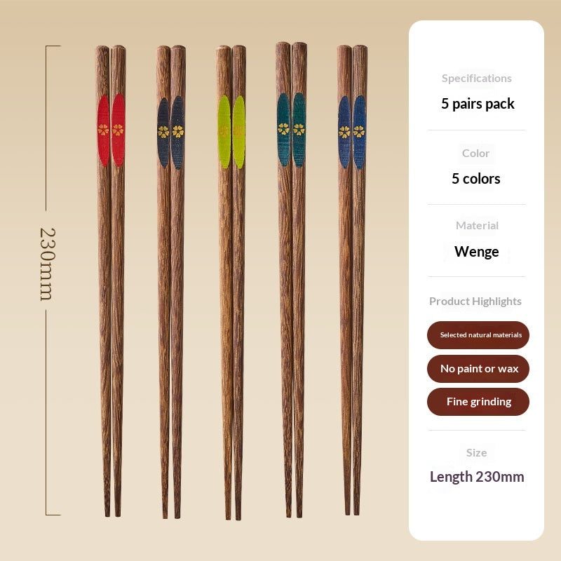 Japanese-Style Pointed Chopsticks Set of 5 Pairs - Elegant Wooden Dinnerware