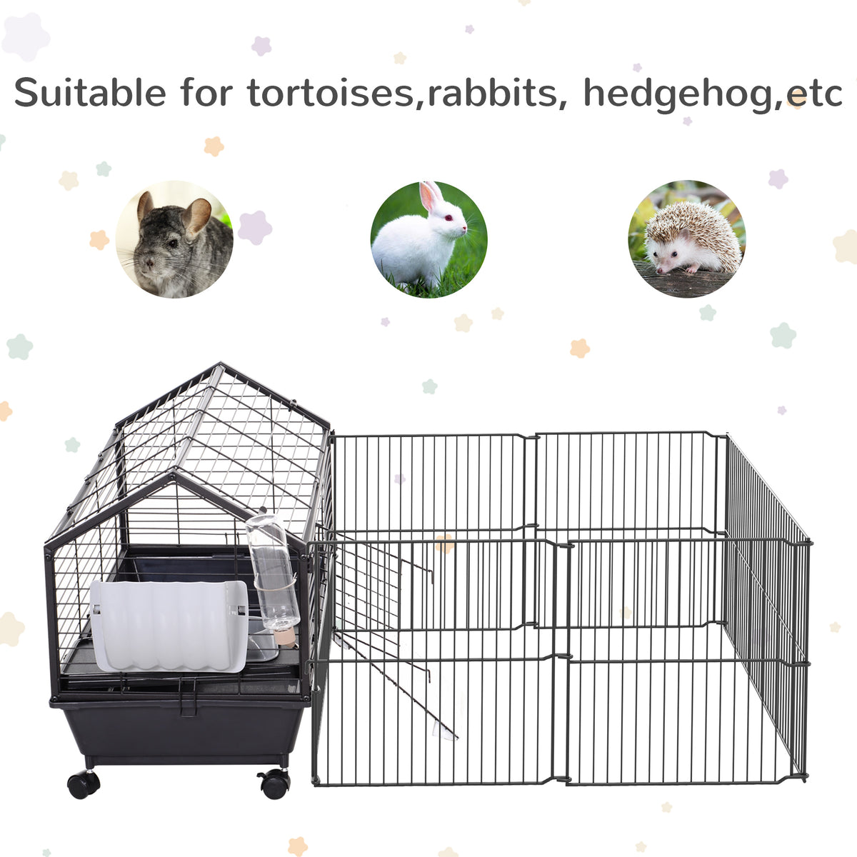 Rolling Metal Small Animal Cage with Main House and Run - Black & Beige, 930x240x515 mm