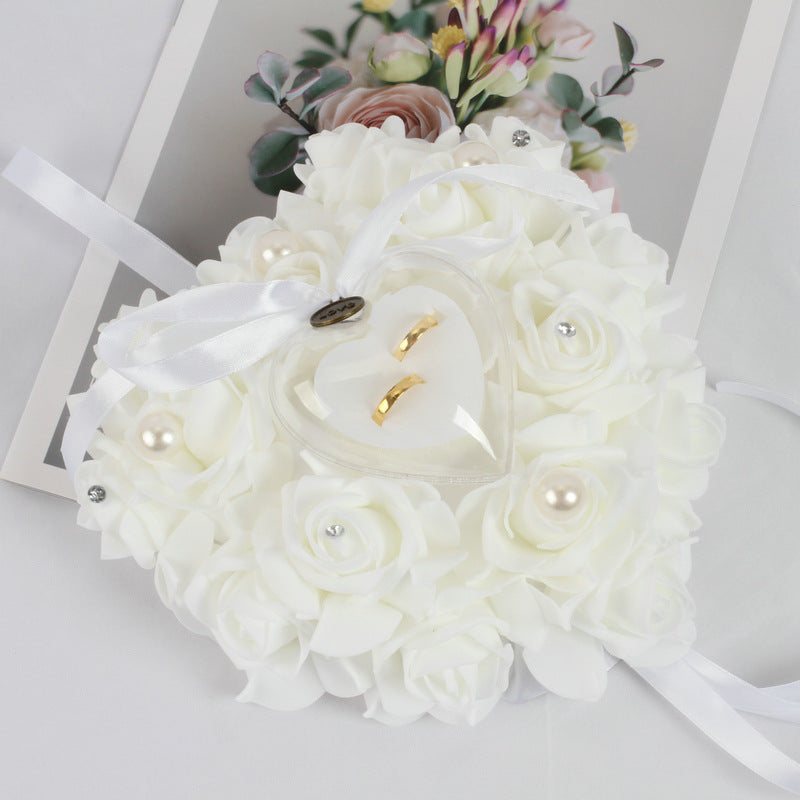 Wedding Pearl Ring Pillow with PE Foam Rose for Bridal Ceremony