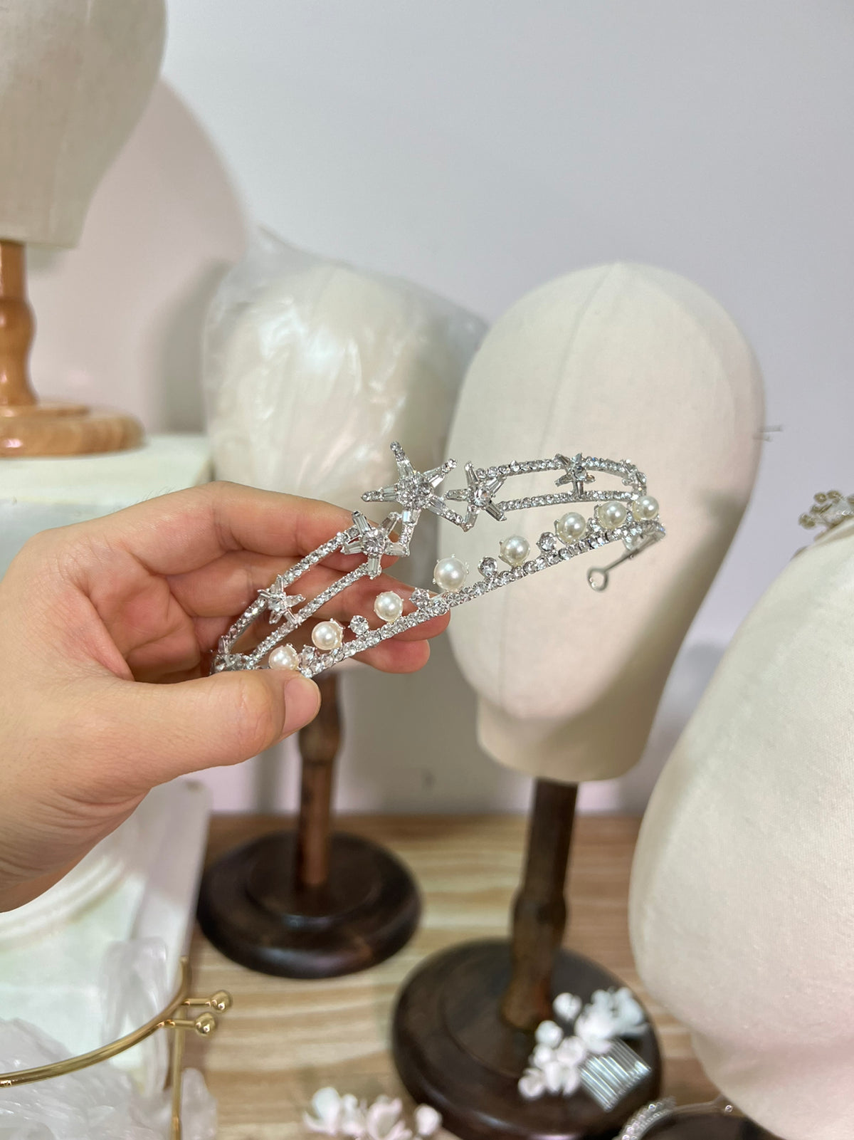 Pearl Rhinestone Crown Headband - Silver