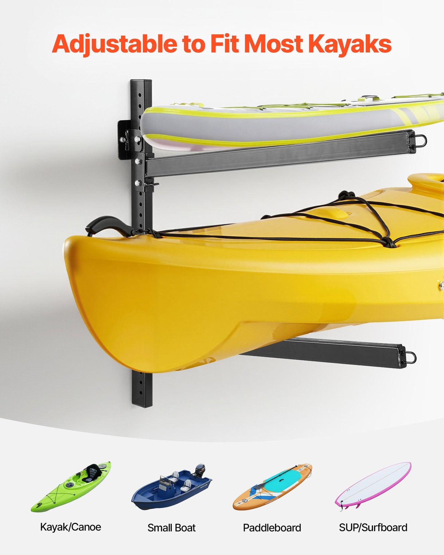 Heavy Duty Wall Mount Kayak Storage Rack for 2 Kayaks Canoes SUP Boards - Adjustable, Holds 200 lbs