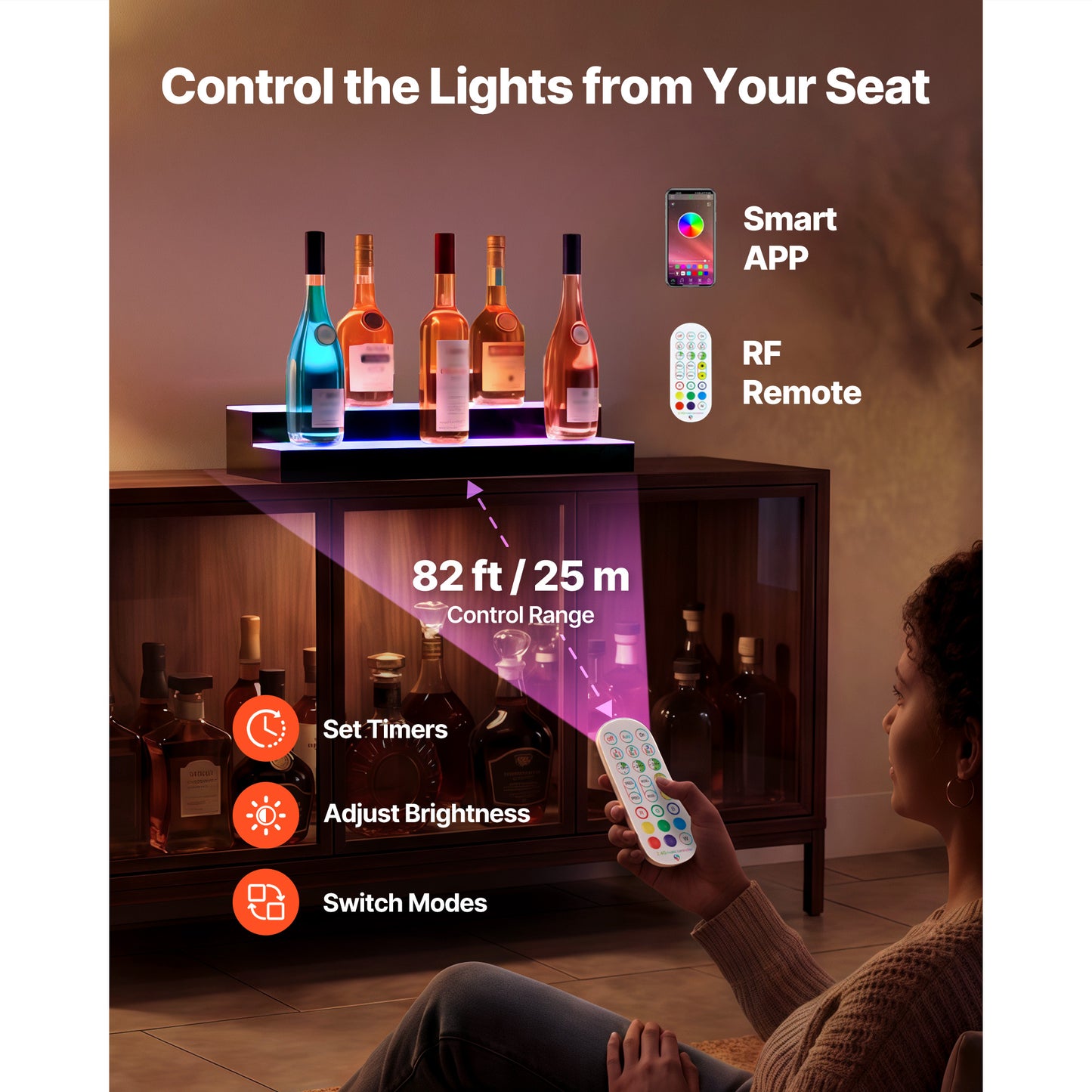 LED Lighted Liquor Bottle Display Shelf 2 Tiers 24 Inches USB Remote App Control
