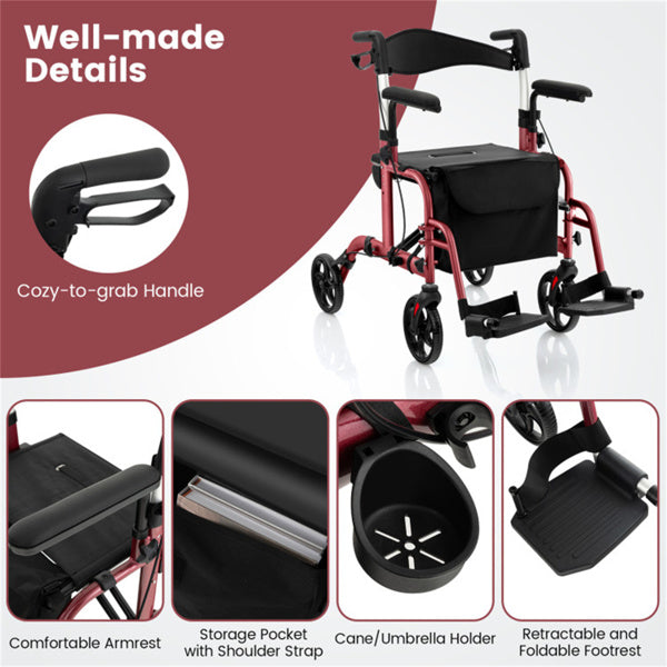 2-in-1 Rollator Walker and Wheelchair - Adjustable Handles, 300lbs Capacity, Red