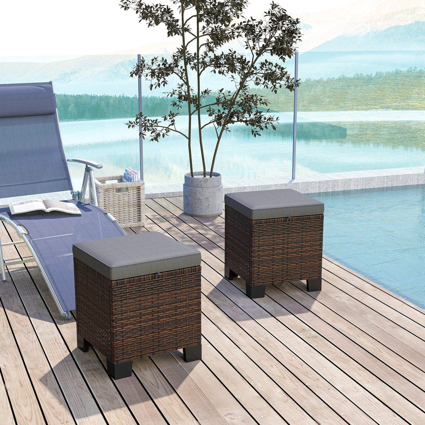 2-Piece Gray Wicker Outdoor Ottomans with Cushions