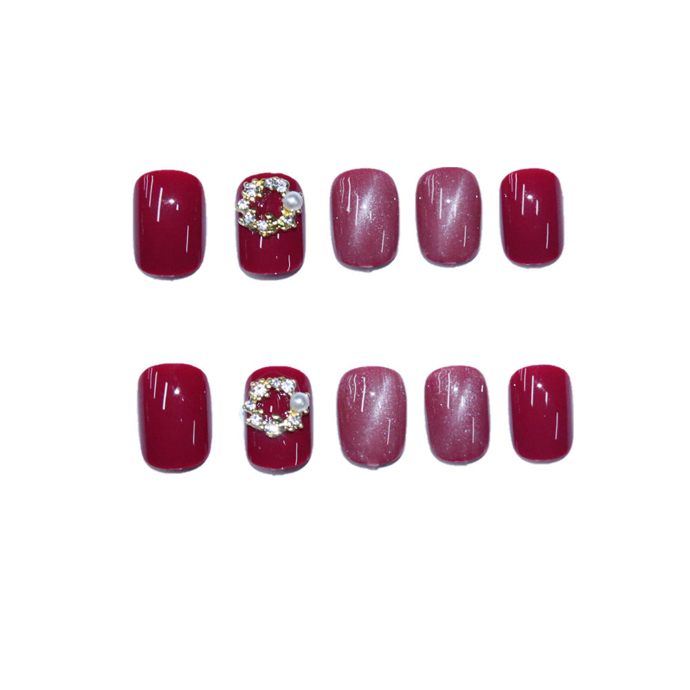 Short Rose Red Cat Eye Fake Nails - 24 Pack with Glue