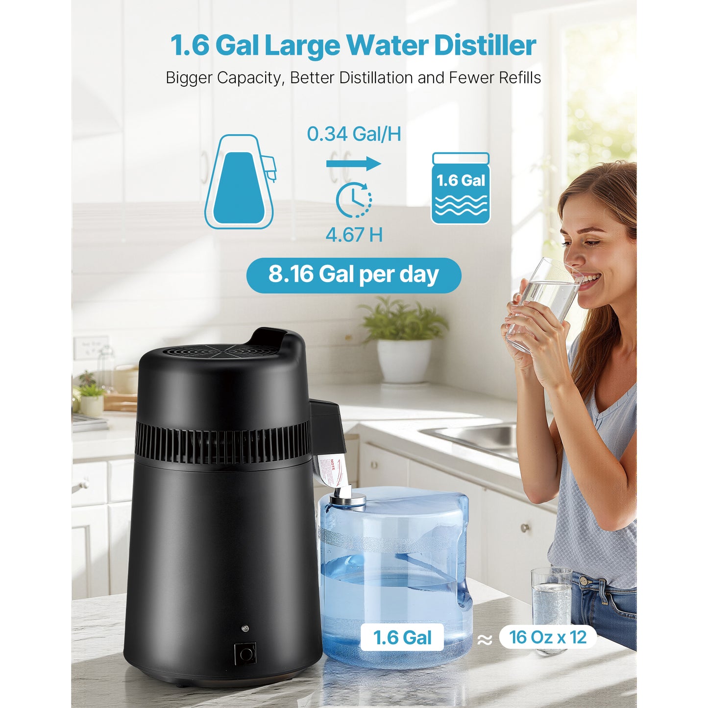 Large 6L Water Distiller - 900W Countertop Water Purifier for Home Use