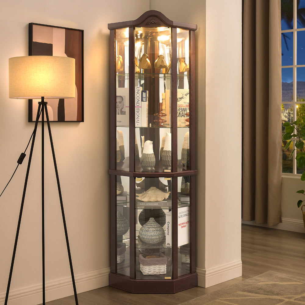 Glass Cabinet Lighted Corner Display Curio Cabinet, With Light Bar