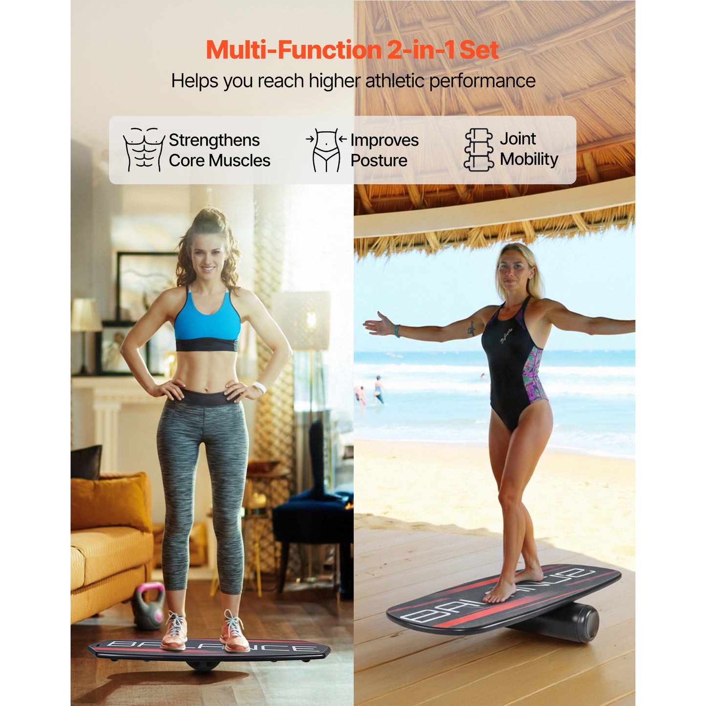 Adjustable Balance Board for Core Workouts with Roller & Storage Rack - Wooden Balance Trainer