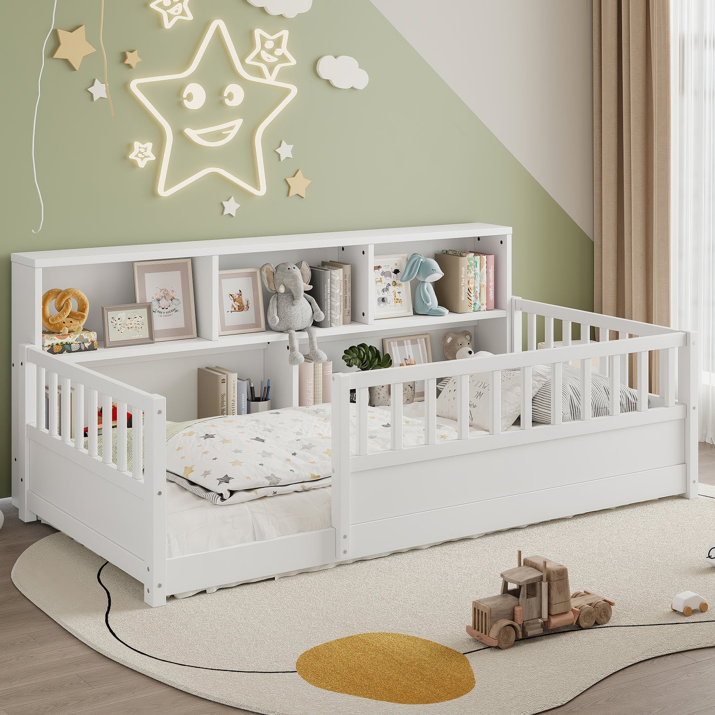 Twin-Sized Wooden Floor Bed with Fence Guardrail & Side Storage - White