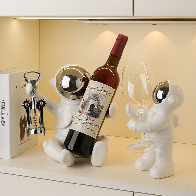 Modern Astronaut Wine Rack Decor - Silver Plated Wine Bottle Holder