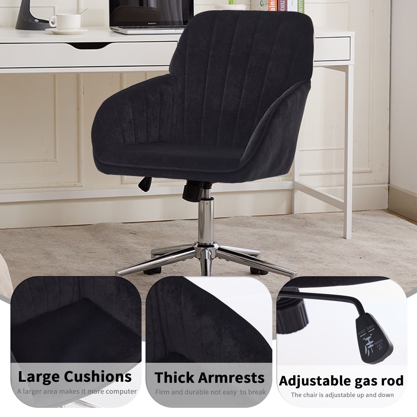 Ergonomic Adjustable Office Chair - Black Velvet Swivel Seat